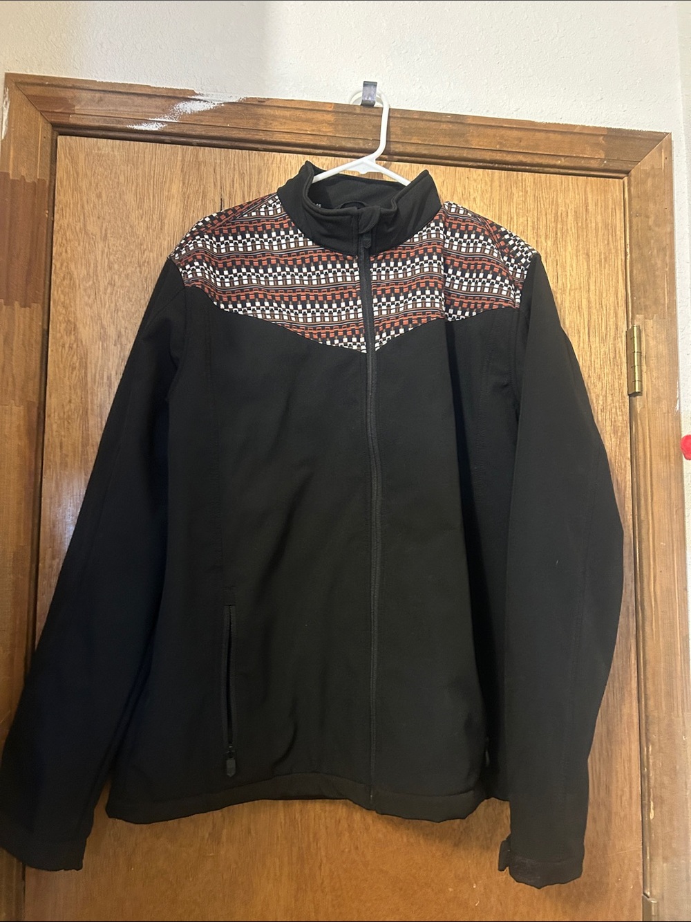 Men's Black Ski Jacket with Geometric Red Yoke